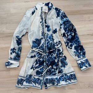 NWT H&M Blue Floral Long Sleeve Button Front Mini Dress, sz XS